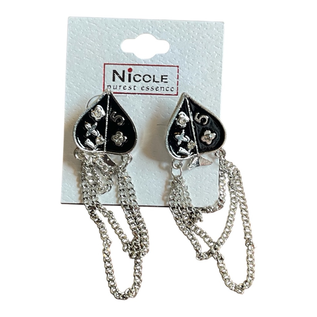 4/$12 Nicole Black And Silver Spade Earrings